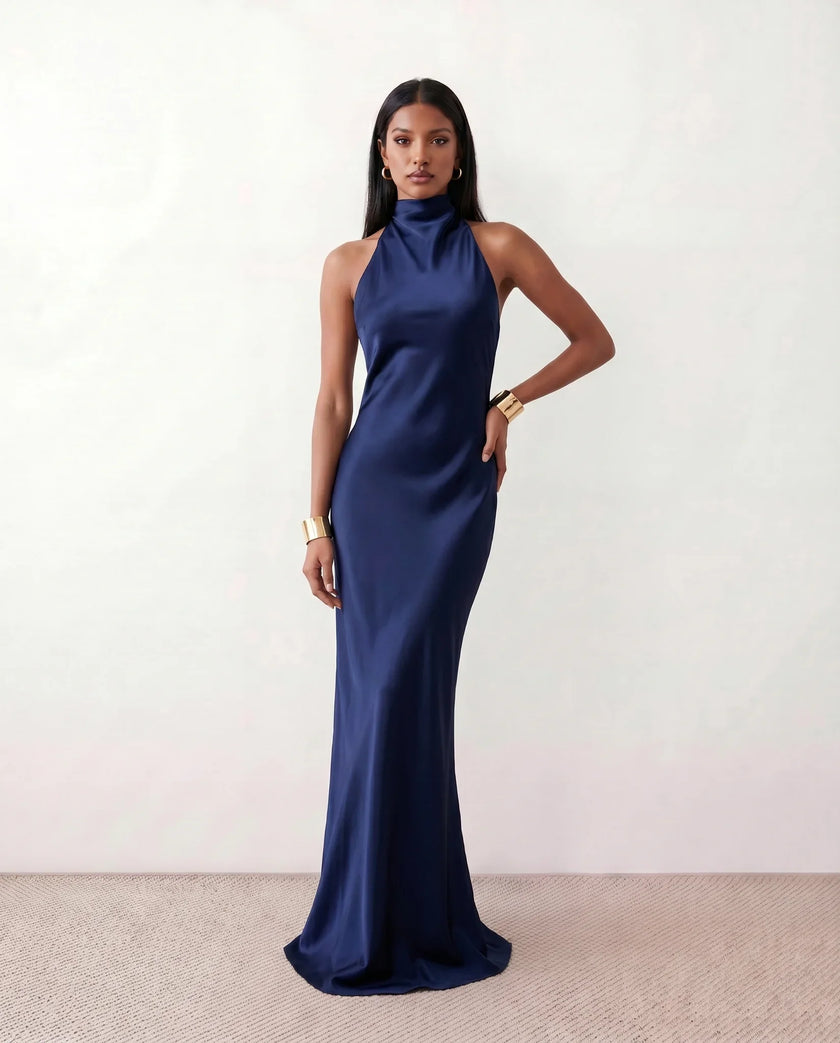 Satin Halter Maxi Dress Women Open Back Floor Length