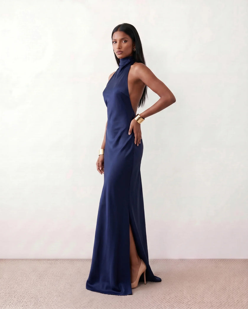 Satin Halter Maxi Dress Women Open Back Floor Length