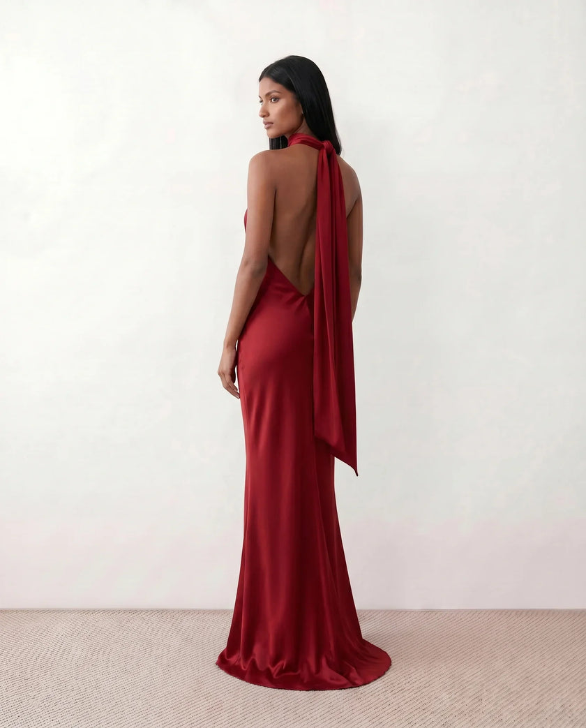 Satin Halter Maxi Dress Women Open Back Floor Length