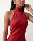 Satin Halter Maxi Dress Women Open Back Floor Length