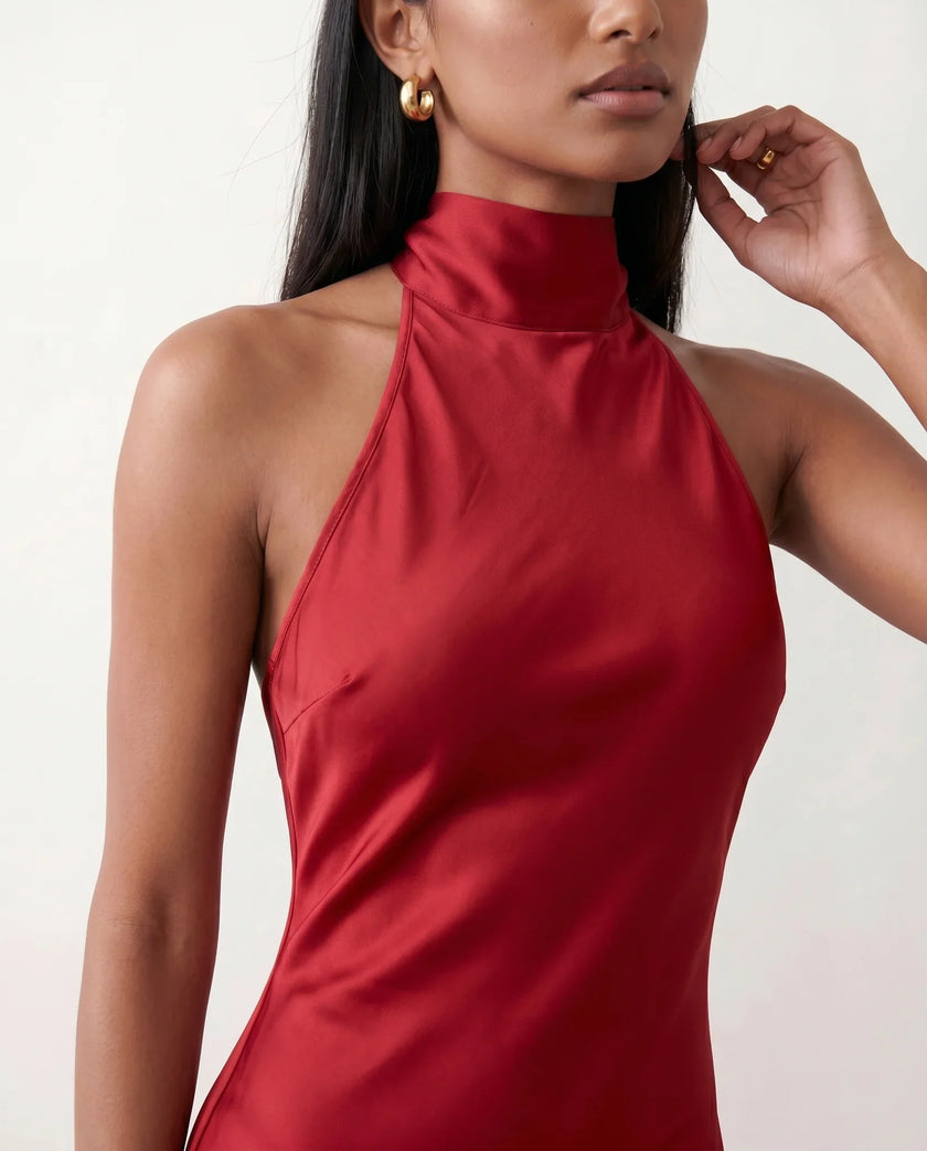 Satin Halter Maxi Dress Women Open Back Floor Length