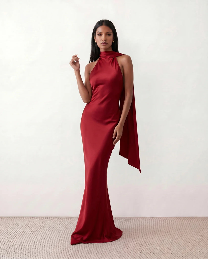 Satin Halter Maxi Dress Women Open Back Floor Length
