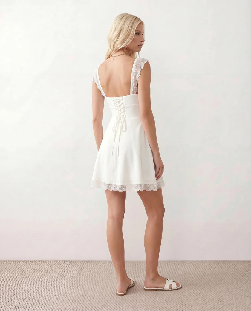 Lace Mini Dress Women Square Neck Lace-Up Back Cap Sleeve