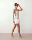 Sequined Mini Dress Women Spaghetti Strap Feather Trim