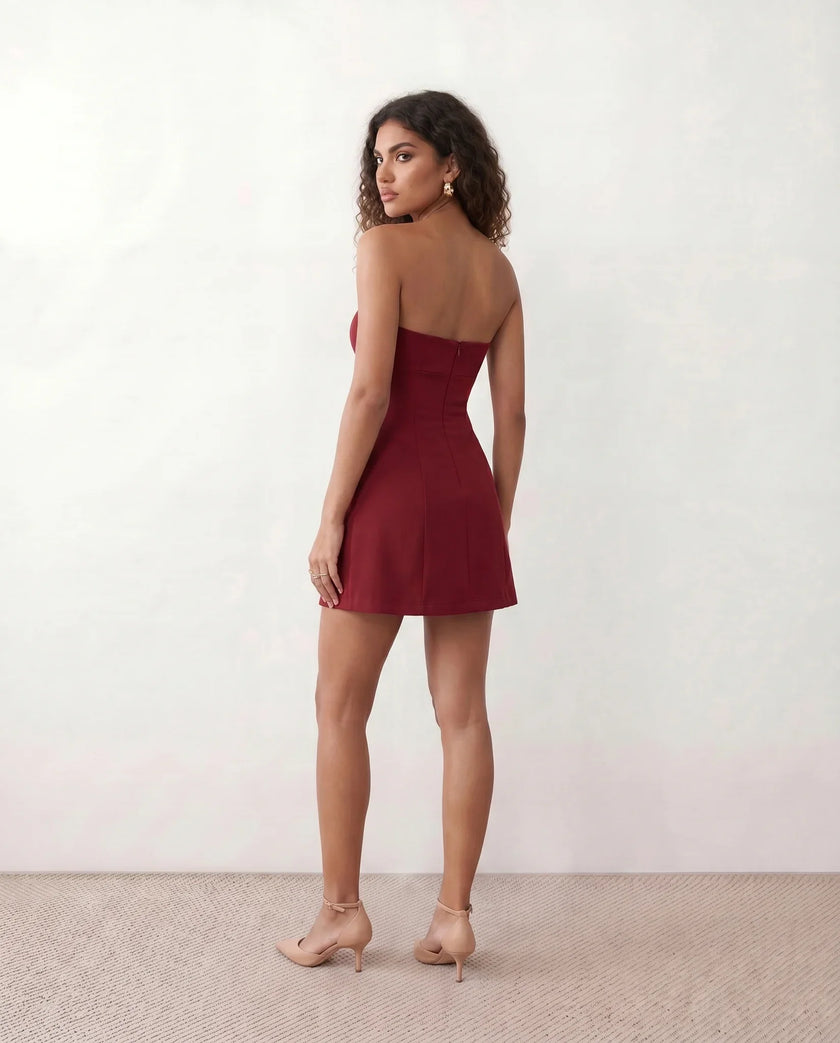 Pleated Mini Dress Women Strapless Square Neck A-Line