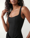 Maxi Dress Women Square Neck Corset Basque Waist Fitted