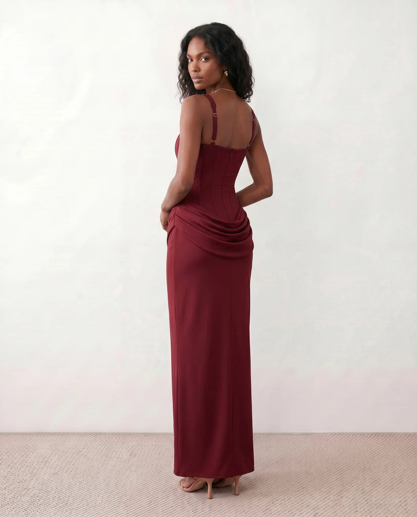 Maxi Dress Women Square Neck Corset Basque Waist Fitted