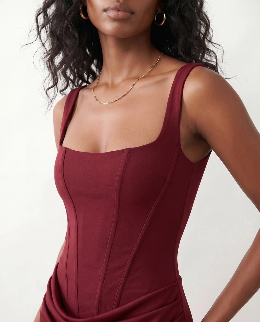 Maxi Dress Women Square Neck Corset Basque Waist Fitted