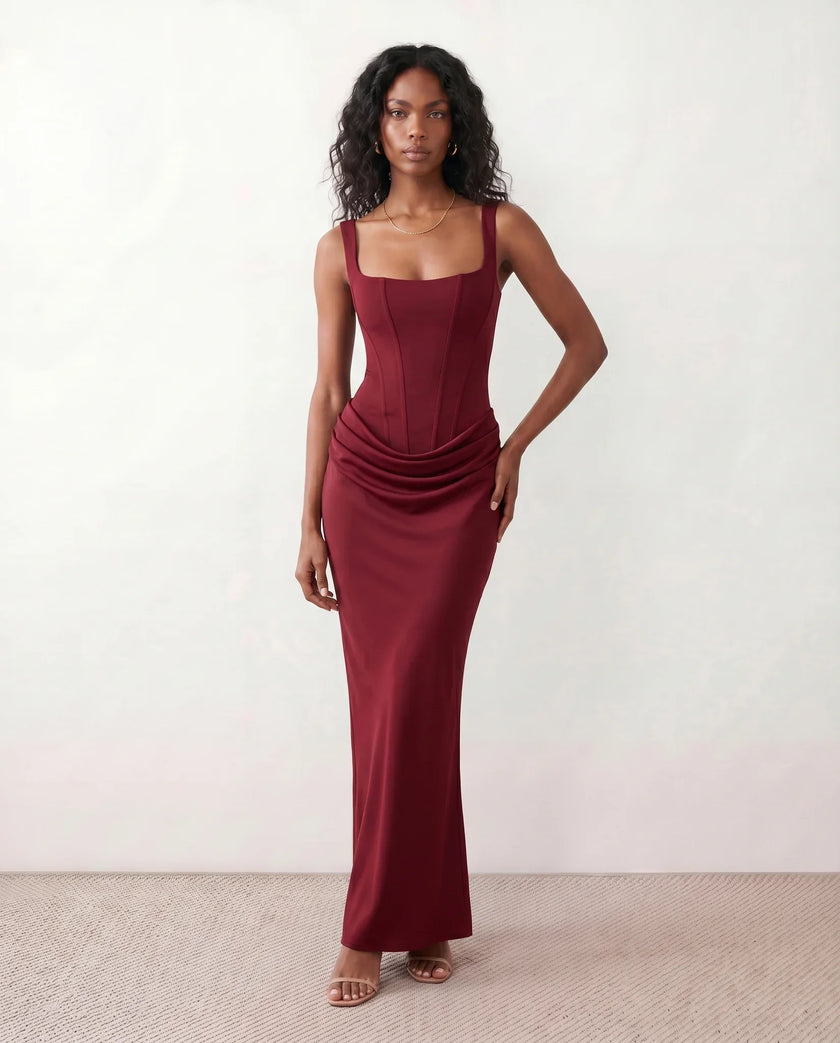 Maxi Dress Women Square Neck Corset Basque Waist Fitted