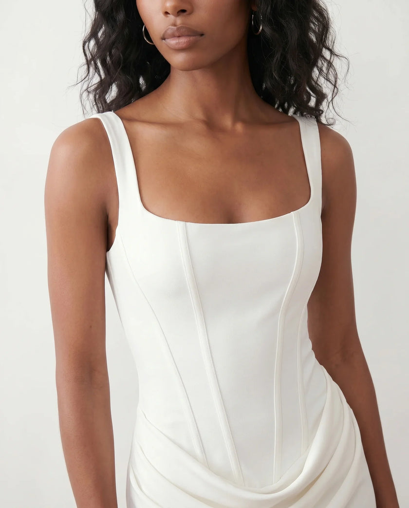 Maxi Dress Women Square Neck Corset Basque Waist Fitted