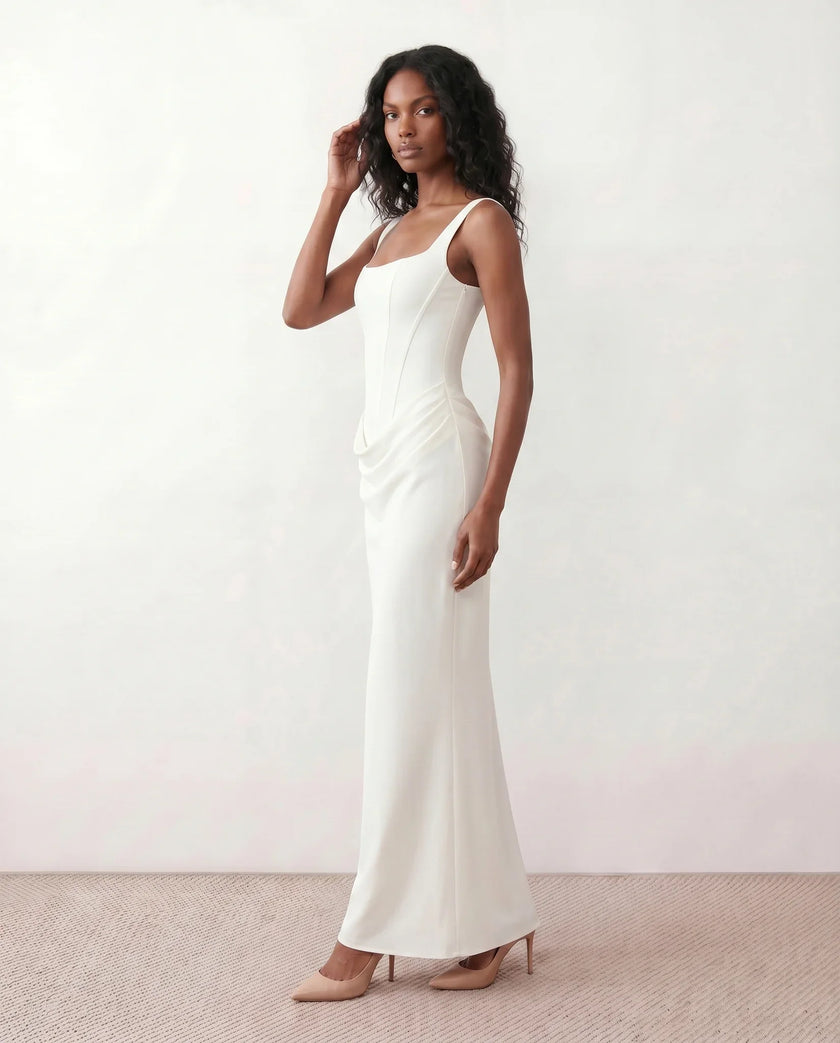 Maxi Dress Women Square Neck Corset Basque Waist Fitted