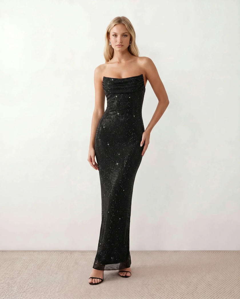 Sequin Maxi Dress Women Strapless Corset Lace-Up Back Formal