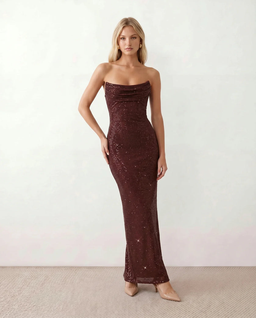 Sequin Maxi Dress Women Strapless Corset Lace-Up Back Formal