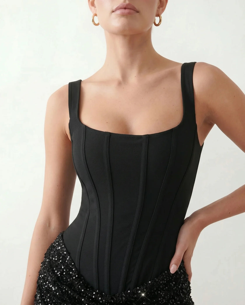 Sequin Mini Dress Women Corset Square Neck Lace-Up Basque Waist Party