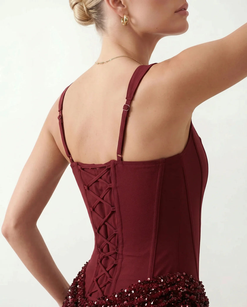 Sequin Mini Dress Women Corset Square Neck Lace-Up Basque Waist Party
