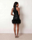 Sequined Mini Dress Women Halter Backless Feather Trim