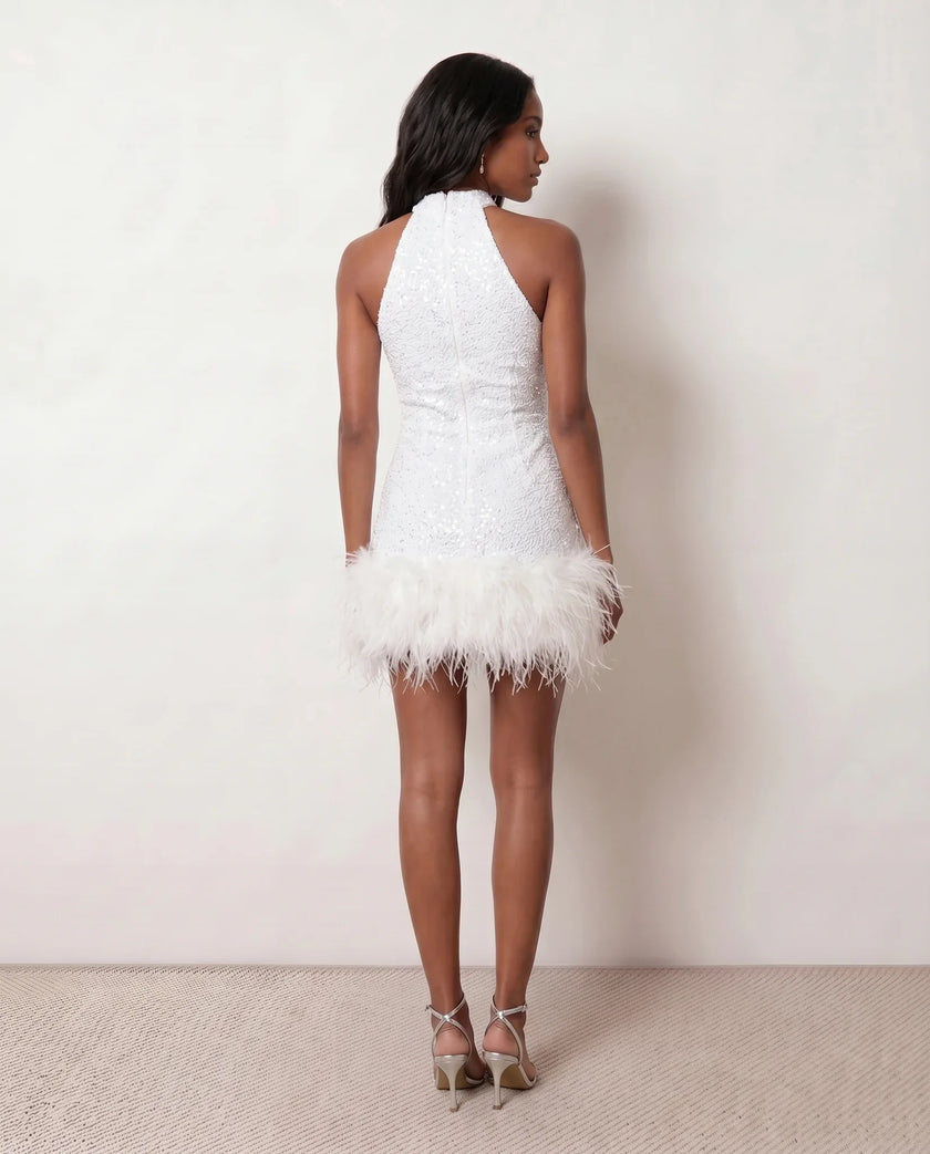 Sequined Mini Dress Women Halter Backless Feather Trim