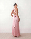 Satin Maxi Dress Women V-Neck Backless Halter Bow Detail