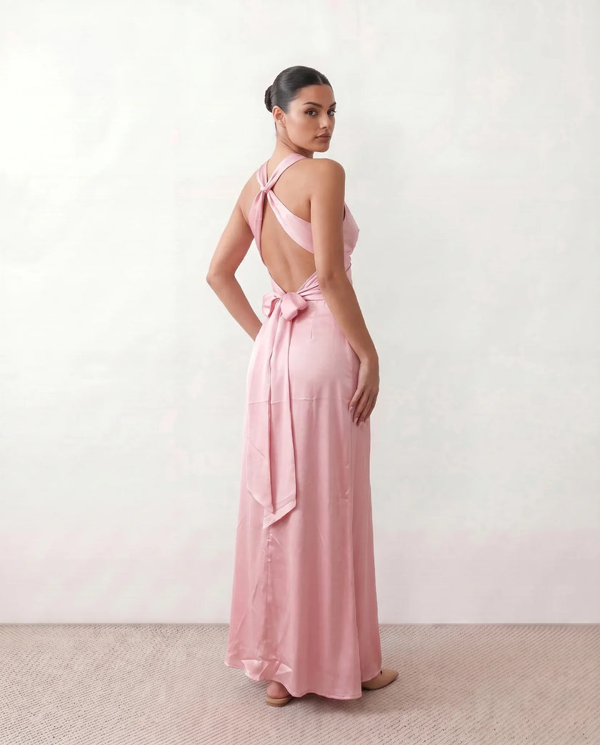 Satin Maxi Dress Women V-Neck Backless Halter Bow Detail