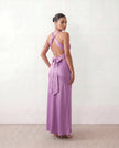 Satin Maxi Dress Women V-Neck Backless Halter Bow Detail