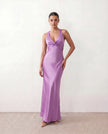 Satin Maxi Dress Women V-Neck Backless Halter Bow Detail