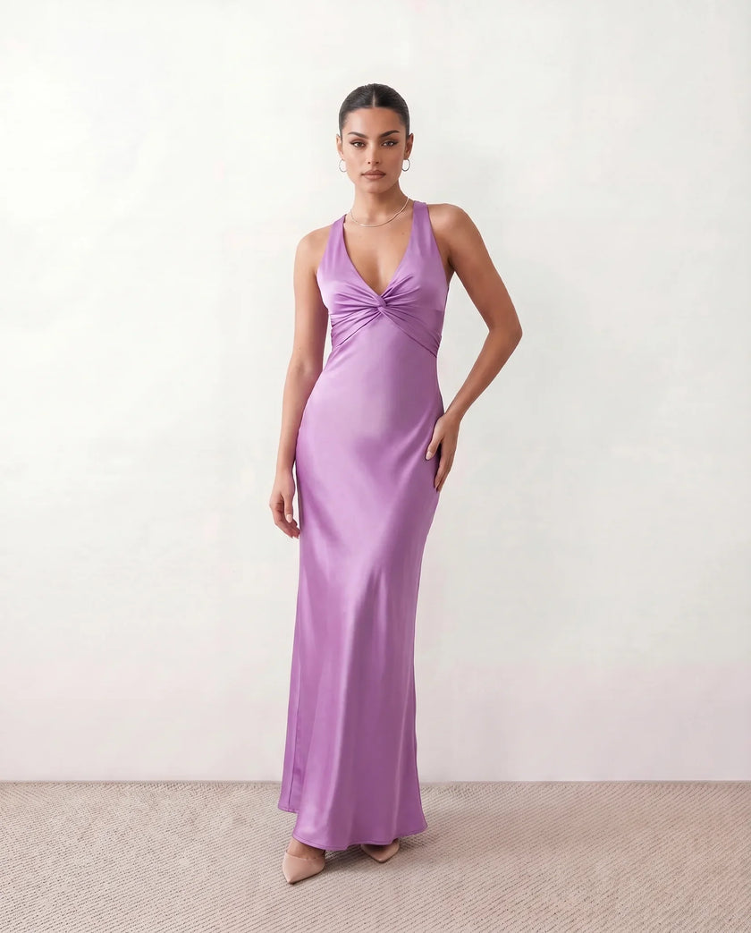 Satin Maxi Dress Women V-Neck Backless Halter Bow Detail