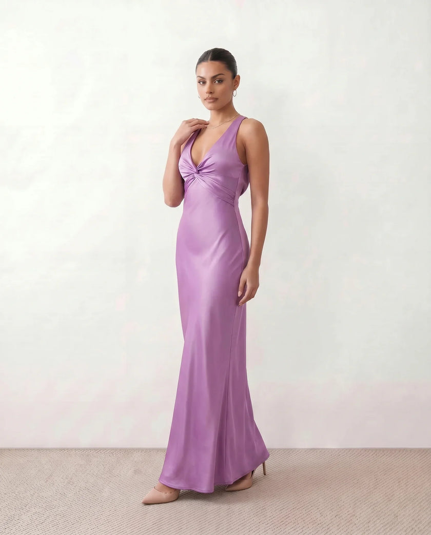 Satin Maxi Dress Women V-Neck Backless Halter Bow Detail