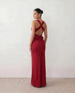 Satin Maxi Dress Women V-Neck Backless Halter Bow Detail
