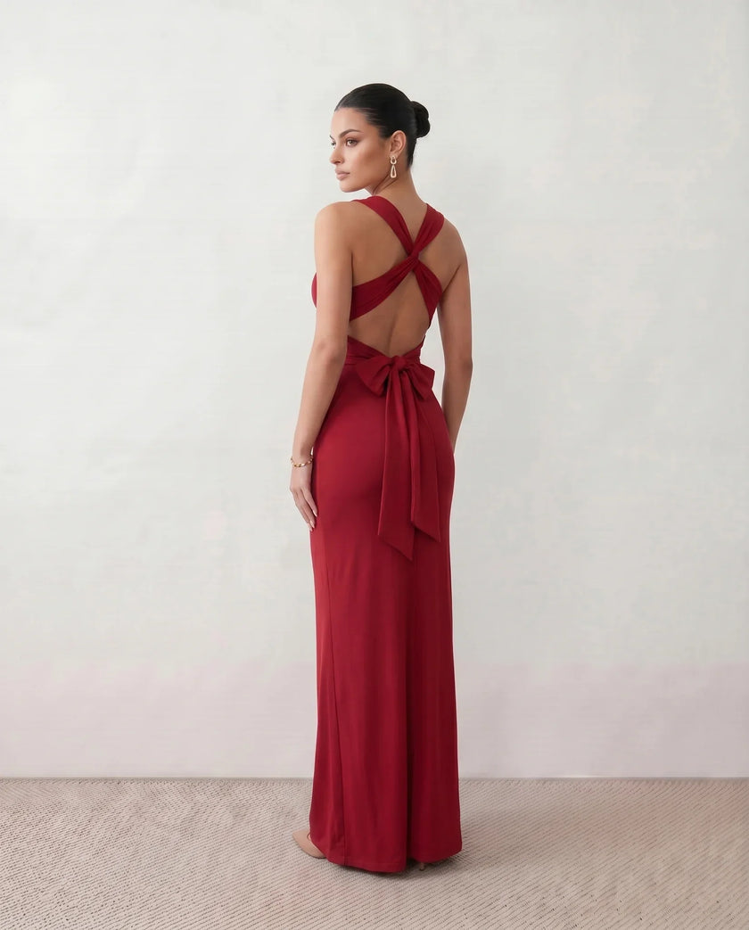 Satin Maxi Dress Women V-Neck Backless Halter Bow Detail