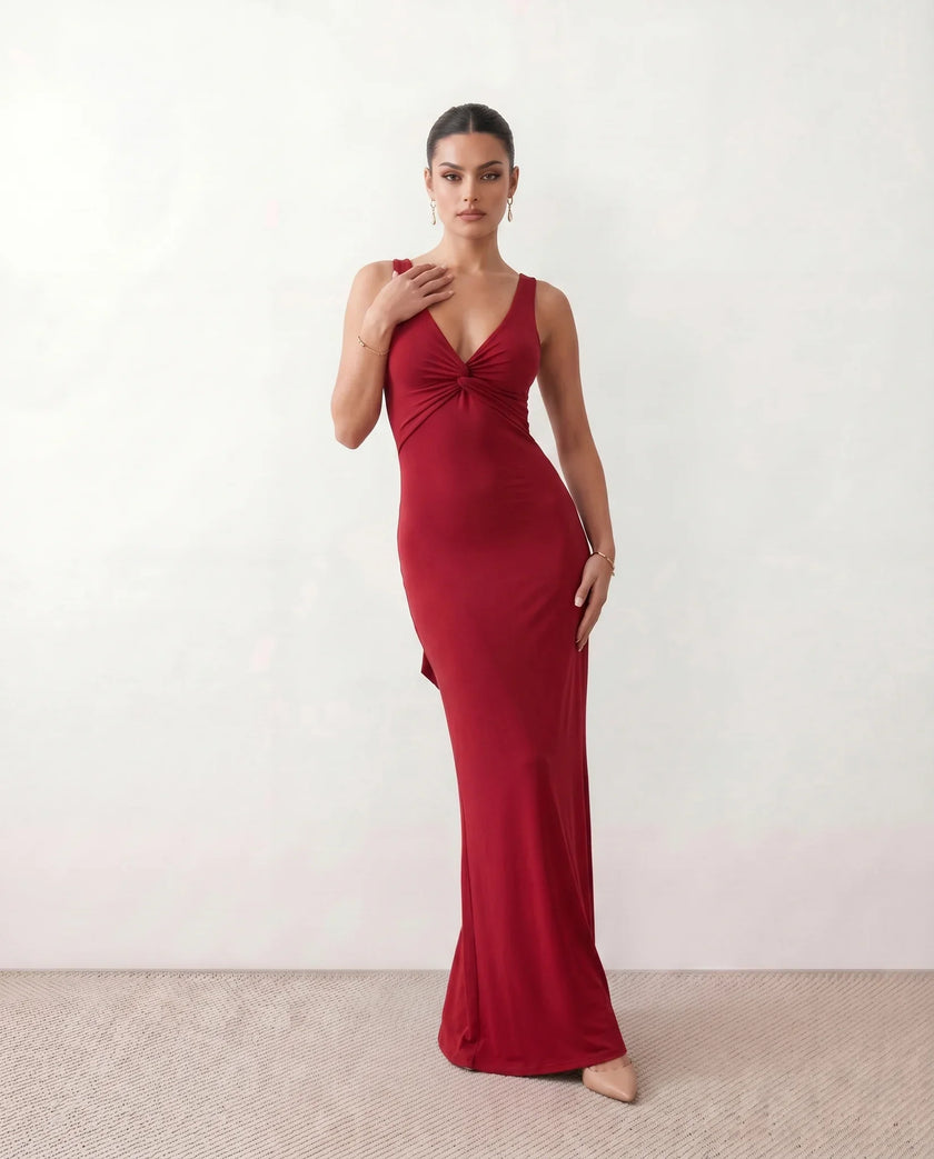Satin Maxi Dress Women V-Neck Backless Halter Bow Detail