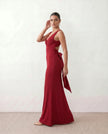 Satin Maxi Dress Women V-Neck Backless Halter Bow Detail