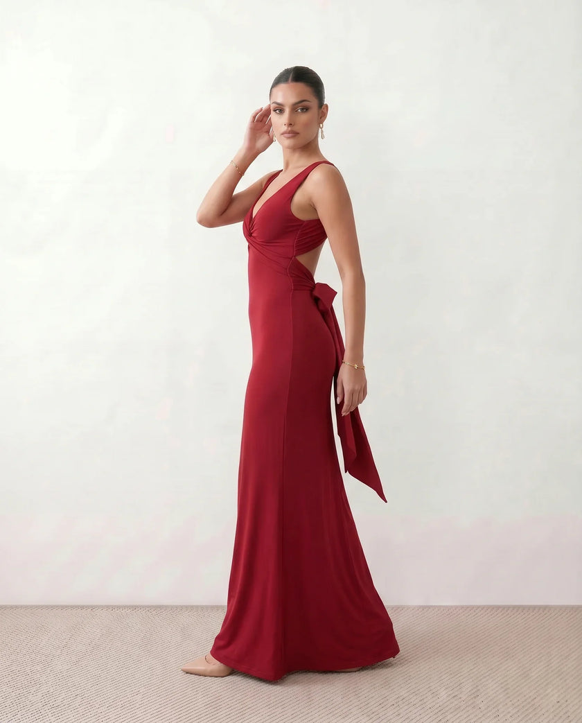 Satin Maxi Dress Women V-Neck Backless Halter Bow Detail