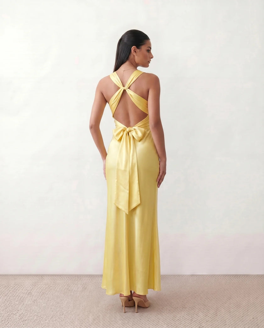Satin Maxi Dress Women V-Neck Backless Halter Bow Detail