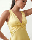 Satin Maxi Dress Women V-Neck Backless Halter Bow Detail