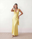 Satin Maxi Dress Women V-Neck Backless Halter Bow Detail
