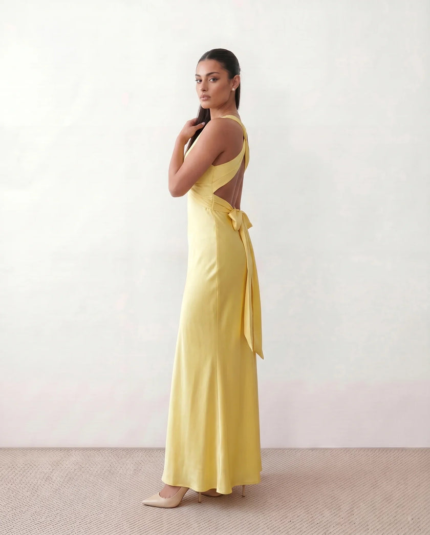 Satin Maxi Dress Women V-Neck Backless Halter Bow Detail