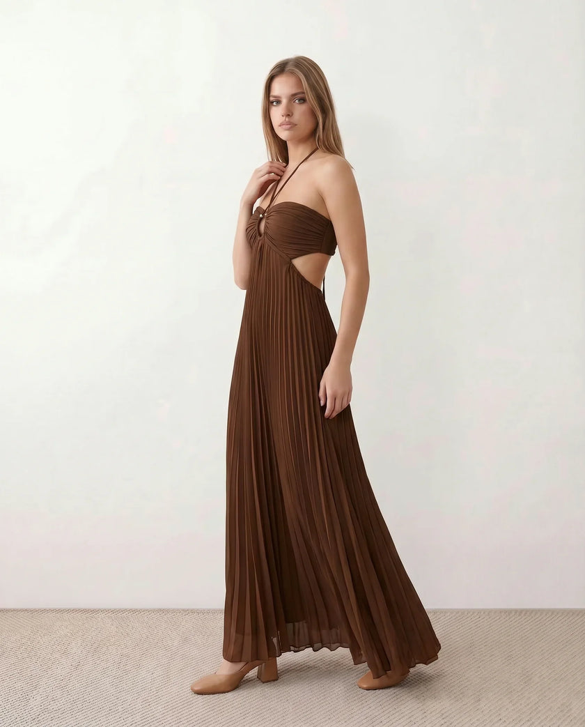 Pleated Maxi Dress Women Strapless Cutout Open Back Formal