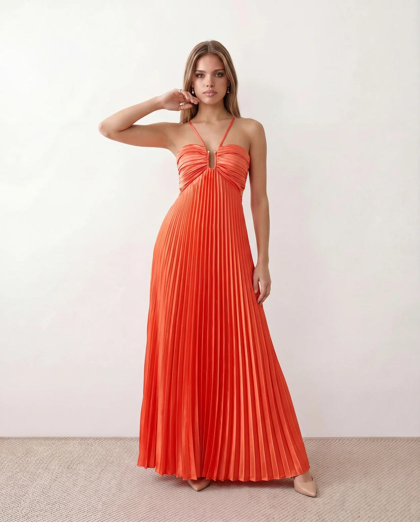 Pleated Maxi Dress Women Strapless Cutout Open Back Formal