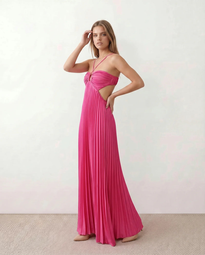 Pleated Maxi Dress Women Strapless Cutout Open Back Formal