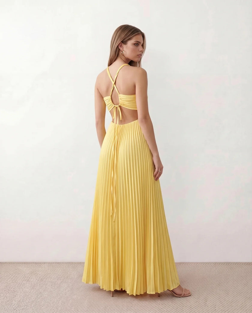 Pleated Maxi Dress Women Strapless Cutout Open Back Formal