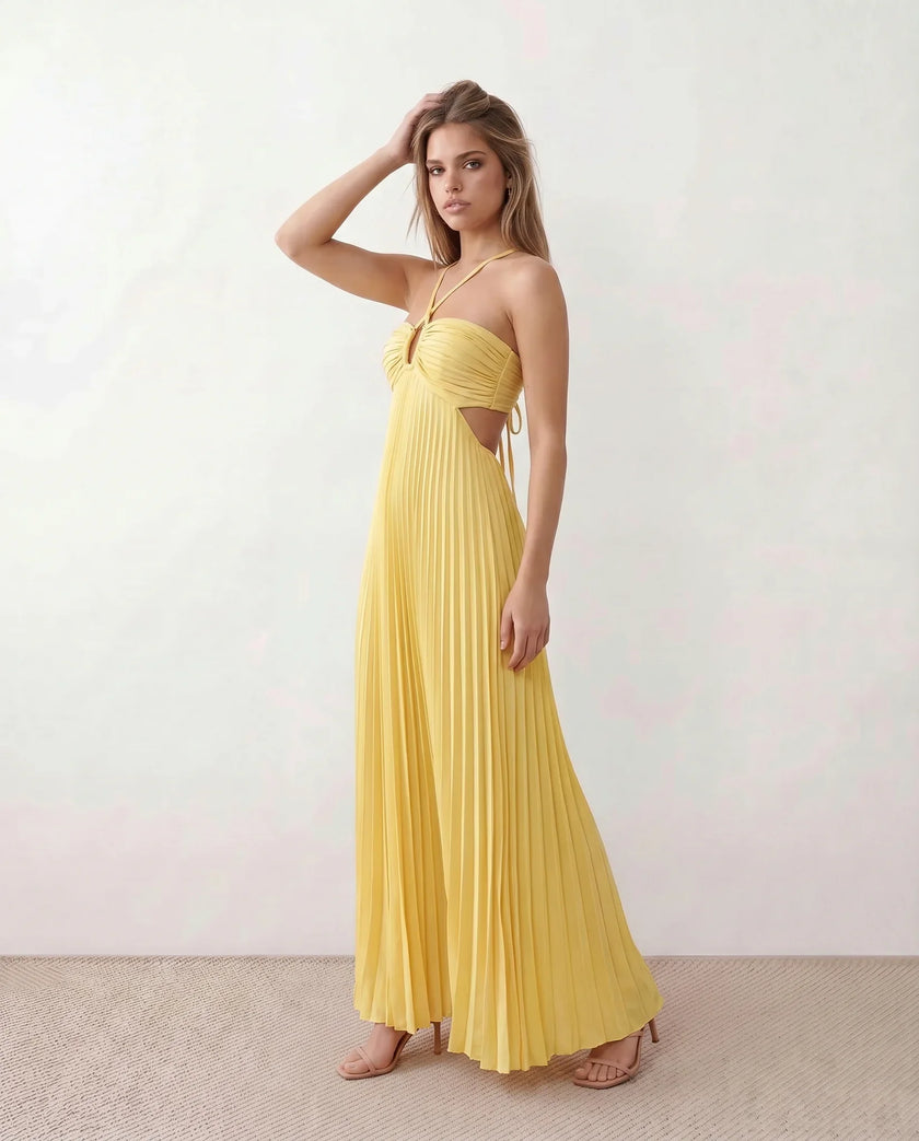 Pleated Maxi Dress Women Strapless Cutout Open Back Formal