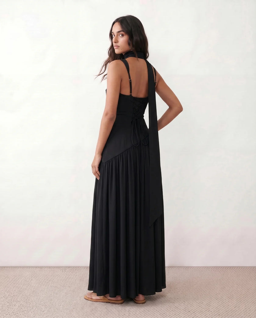 Maxi Dress Women, Basque Waist Corset Lace-Up Back Square Neck A-Line