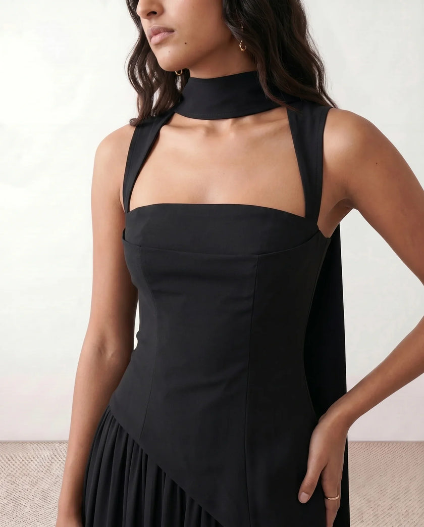 Maxi Dress Women, Basque Waist Corset Lace-Up Back Square Neck A-Line