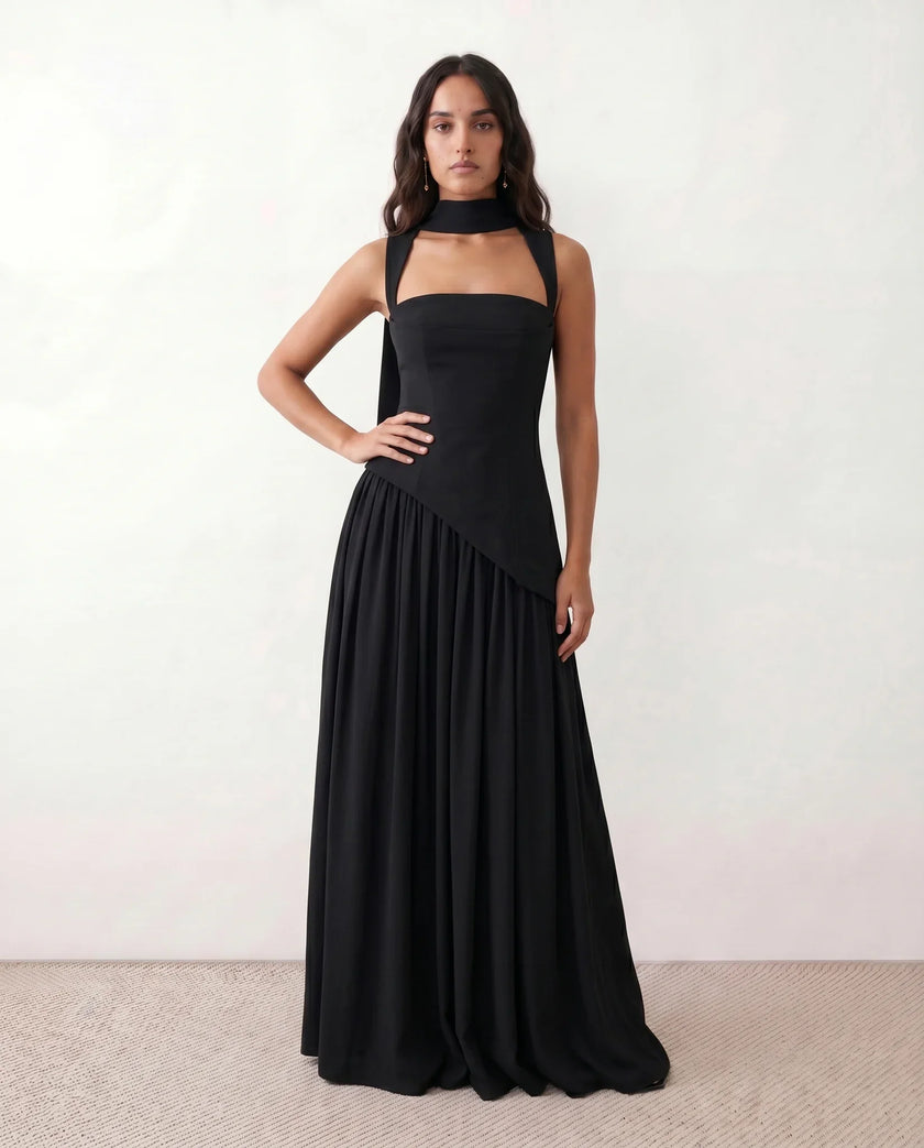 Maxi Dress Women, Basque Waist Corset Lace-Up Back Square Neck A-Line