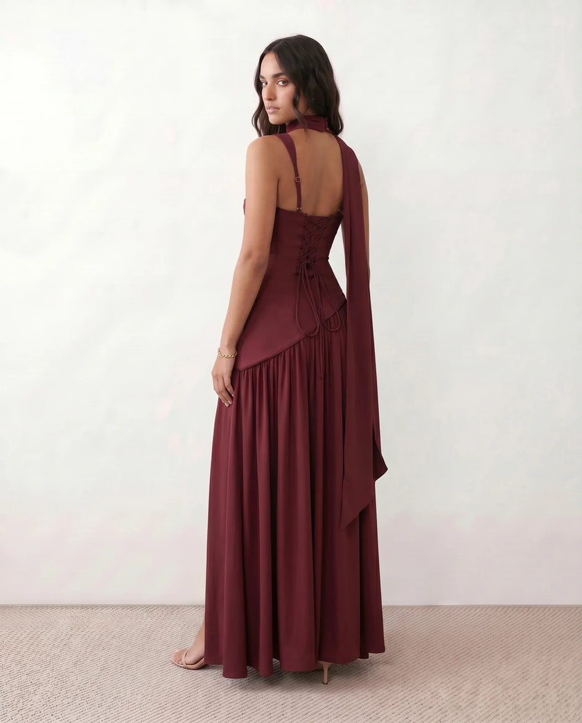 Maxi Dress Women, Basque Waist Corset Lace-Up Back Square Neck A-Line