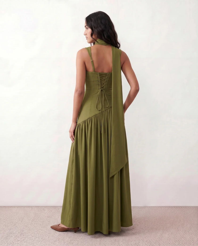 Maxi Dress Women, Basque Waist Corset Lace-Up Back Square Neck A-Line