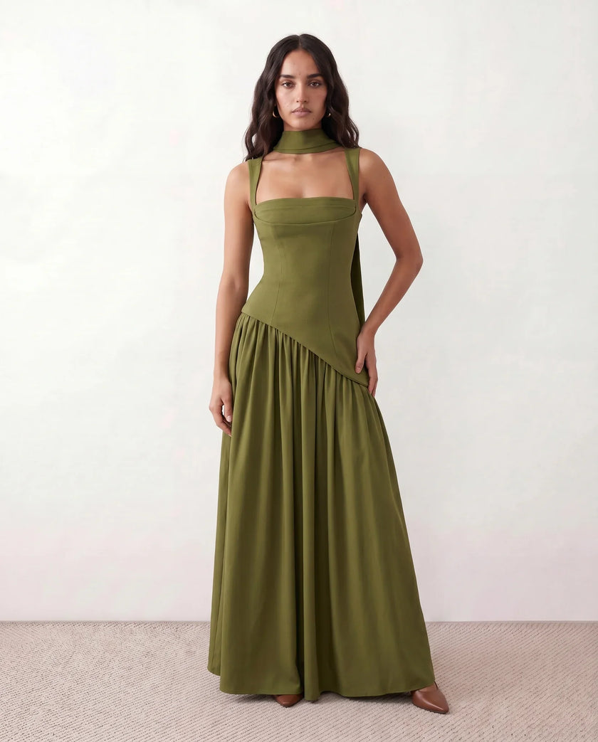 Maxi Dress Women, Basque Waist Corset Lace-Up Back Square Neck A-Line