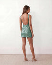 Sequined Mini Dress Women Square Neck Low Back Slit
