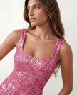Sequined Mini Dress Women Square Neck Low Back Slit