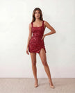 Sequined Mini Dress Women Square Neck Low Back Slit